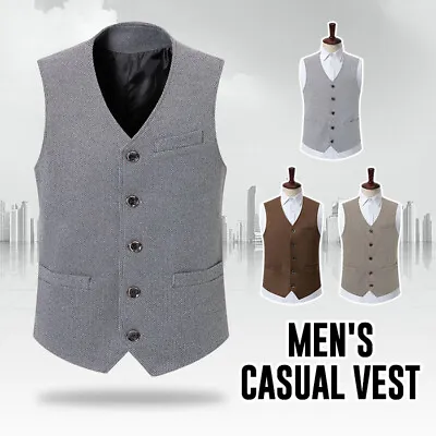 Mens Tweed Vest Jacket Waistcoat Lapel Cowboy Formal Sleeveless Tops Slim Fit • $46.88