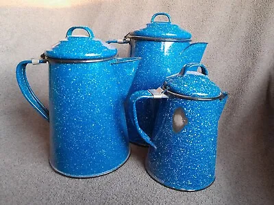 Vintage 3 Piece Lot Blue Speckled Enamel Cowboy Coffee/Tea Pots Cowboy Rustic  • $49