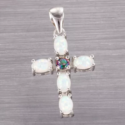 Latin Cross Mystic Topaz White Fire Opal Silver Jewelry Necklace Pendant • $4.99