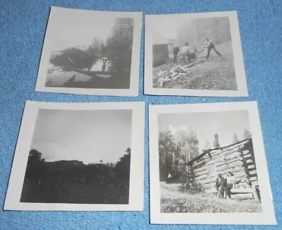 4 Vintage Photos Men Ladies In Nature Log Cabin Mountain Beaver Dam Sawhorse • $16.11