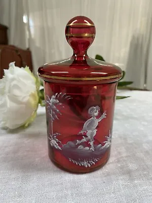 Vintage Mary Gregory Hand Painted Cranberry Biscuit Jar With Lid • $45