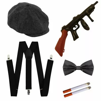 Dark Grey Button Cap Bow Tie Tommy Gun Braces Peaky Blinders 20's Stag Races  • £16.99