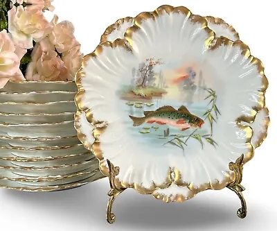 Antique Lewis Straus/Laviolette Limoges France Plates 9” (12) Hand-Painted Fish • $765