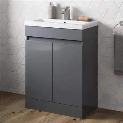 Bathroom Vanity Unit Freestanding Basin Sink Cabinet Furniture Gloss Grey 600mm • £151.45