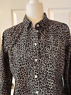 J Crew Womens Button Front Blouse Cotton M Leopard Print Long Sleeves Cheetah • $16.11