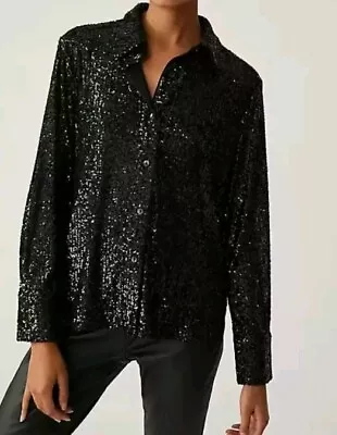 Marks And Spencer Black Sequin Long Sleeve Party Shirt BNWT Size 16 • £14.99