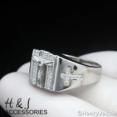 Men Solid 925 Sterling Silver Icy Bling Cz Jesus Cross Rectangle Ring*asr213 • $45.99