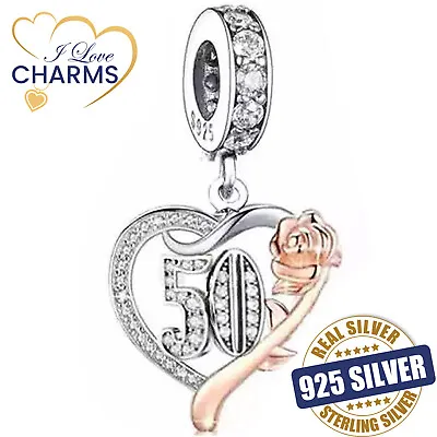 💝 50th Birthday Charm 925 Sterling Silver Number 50 Anniversary Heart Love Gift • £16.94