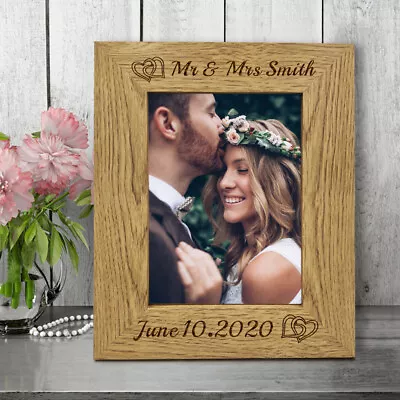 £8.99 • Buy Personalised Engraved Wooden Photo Frame Gifts For Wedding Newly-wed Couple