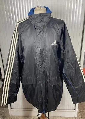 Adidas Black Blue Full Zip Hooded Sports Managers Jacket Coat Mens Size 44 / 46 • £29.99