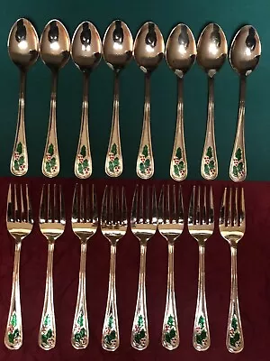 Vtg Gold Tone/Enamel Xmas Stainless Flatware Holly Berry 8 Tsp/8 S.Forks ~ MINT • $49.99