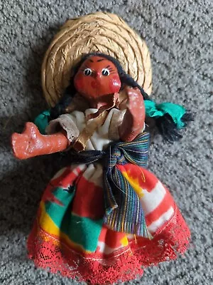 Vintage MEXICAN Hand Made Painted Oil Cloth ?FOLK ART Doll 6  Jointed • $10