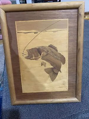 Vintage Creative Wood Inlay Picture Bass Fishing Mid Century Signed Art • $65