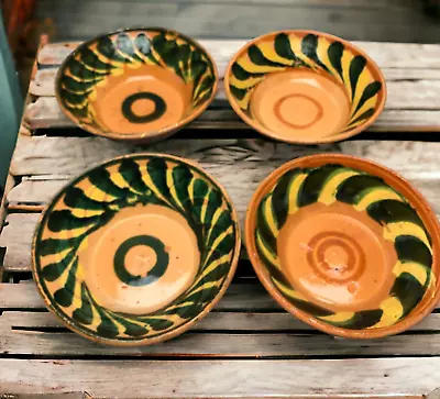 Set Of 4 Vintage Mexican Redware Pottery 6.5  Bowl Hand Painted Clay Primitive • $59