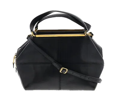 J.Crew Classic Black 100% Leather Satchel Handbag With Brass/Gold Trim • $57