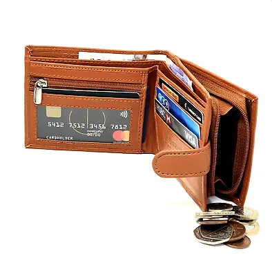Mens Genuine Leather Wallet Antitheft RFID Blocking Zip Around Coin Purse Tan • £7.95
