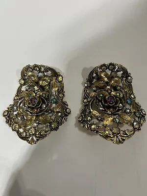 PAIR Vintage Multi Colored Rhinestone With Leaf Pattern Shoe Clip Buckles • • $12.99