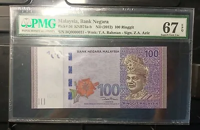 Malaysia Banknote Rm100 Pmg67epq Low Number Bq0000031 Zeti Gabenor • $118