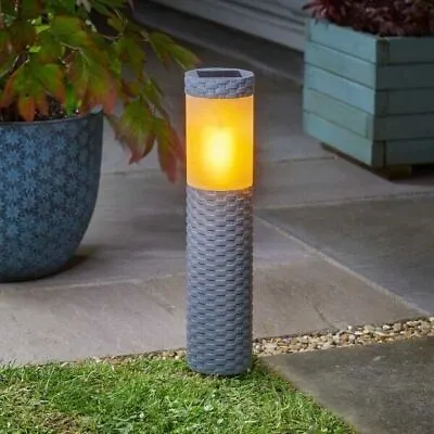 Solar Bollard Stake Light Rattan Garden Outdoor Lamp Flame Effect Grey LED Path • £10.99