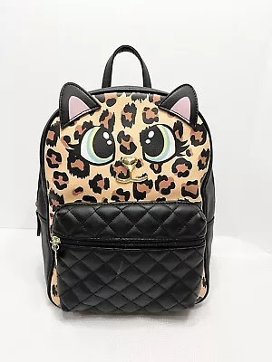 Betsey Johnson Maggie Black Faux Leather Leopard Cat Face Backpack - Flaw • $23.99