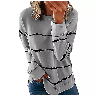 Women's Fashion Casual Long Sleeve Round Neck Striped Pullover T-shirt Top • £10.19