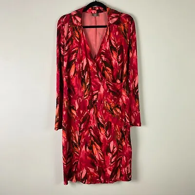 J Jill Wearever Pink Red Feather Faux Wrap Dress Womens M Long Sleeves Stretch • $19.95