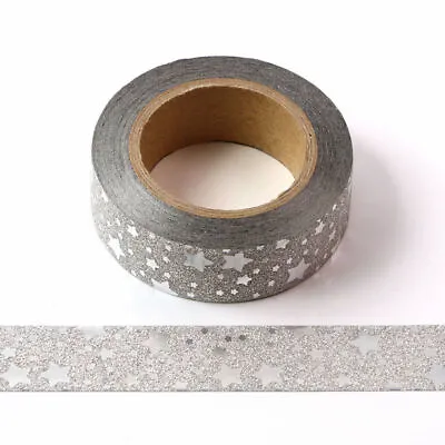 Silver Glitter Washi Tape With Silver Foil Stars Masking Trim 15mm X 10 Meters • £3.52