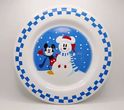 Vintage Disney Christmas Mickey Mouse Snowman 9  Plate Blue White Checker • $13.49