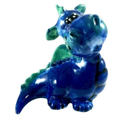 $12 • Buy Glazed Ceramic Blue Baby Dragon Figurine Statue Green Wings Signed Ginny 2018