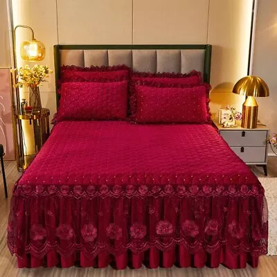 Luxury Bedding Set Soft Velvet Fleece Lace Ruffles Quilted Bed Skirt Pillowcases • $154.79