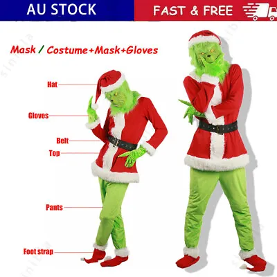 Christmas The Grinch Costume Mask Cosplay Adult Santa Fancy Dress Outfit Xmas AU • $17.99