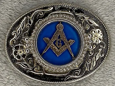 Vintage Masons Masonic Belt Buckle Floral Silver Blue & Gold Tones 3.5” X 2.5” • $23.99