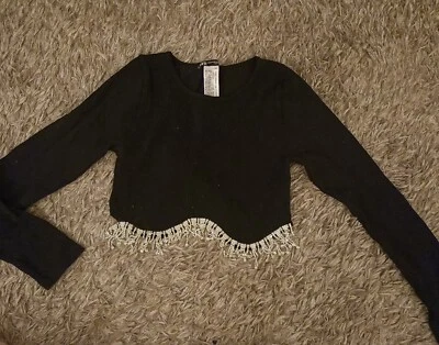 $12 • Buy Zara Crop Black Rib Top With Embellishments Size Xs