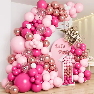 Pink Balloon Garland Arch Kit With Different Size Hot Pink White Metallic Rose G • $14.88