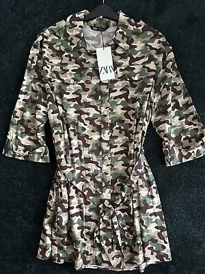 Zara Camouflage Army Green Printed Mini Shirt Dress Size XL Bloggers Fave • $49.79