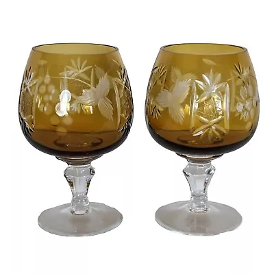 Vintage Cut To Clear Bohemian Czech Amber Set Of Two Crystal Brandy Snifters • $124.99