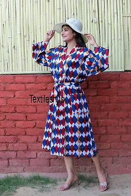 $35.62 • Buy Indian Handmade Long Multi Check Cotton Kimono Dress Night Gown Kimonos Robes AU