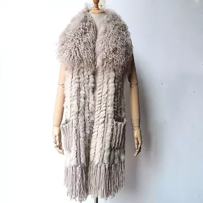 Real Rabbit Fur Vest  Mongolia Sheep Fur Collat Long Elastic Knitted Fur Gilet • $100.98