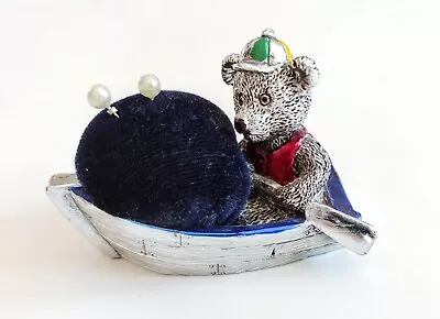 Vintage 3in Blue Pin Cushion Teddy Bear In Row Boat Silvertone • $14.95