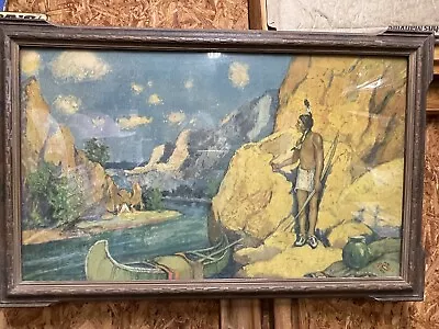 Vtg 1928  INDIAN RENDEZVOUS  LITHOGRAPH ART PRINT Borin Mfg Co ~ NATIVE AMERICAN • $145