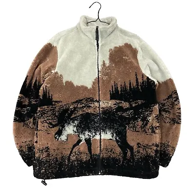 VTG Moose Deep Pile Fleece Full Zip W/ Pockets Wild Life Nature Winter Sz Medium • $89.95