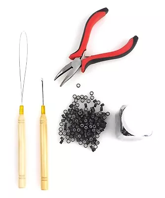 500pcs Silicone Beads + Micro Rings Loop Hair Extensions Pliers Hook Tool Kit #3 • $9.99