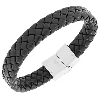 Stainless Steel Black Leather White Gold Silver-Tone Wristband Mens Bracelet • $19.99