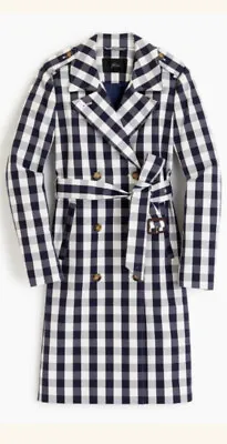 *NWOT* J CREW Gingham Check Belted Trench Coat NAVY/WHITE Sz 2 • $97