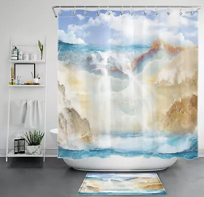 Blue Seascape Waterfall Marble Texture Shower Curtain Bathroom Accessories Set • $10.99