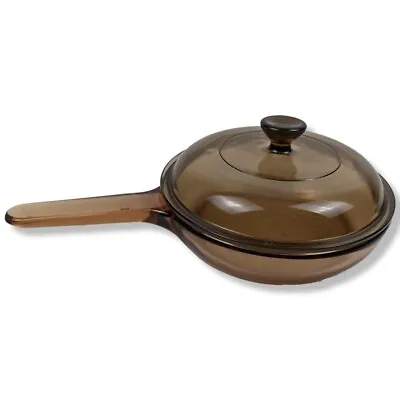 7  Vision Ware Corning Waffle Bottom Glass Frying Skillet Amber Retro W/ Lid • $23.72