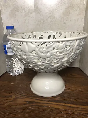 Vtg Filigree Enameled Metal Bowl Ceramic Pedestal Ivory Birds Vines 7”H Compote • $24