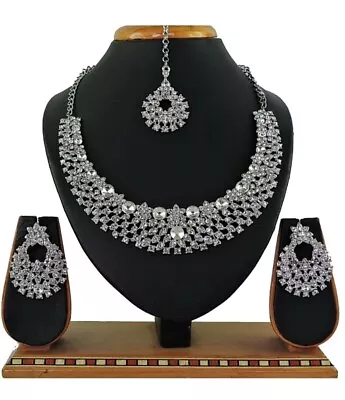 Choker Bollywood Fashion Indian Wedding Silver Plated Jewelry Necklace Earrings • $29.99