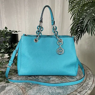 Michael Kors Cynthia Medium Leather Satchel 30h3scys2l Tile Blue $348 • $177