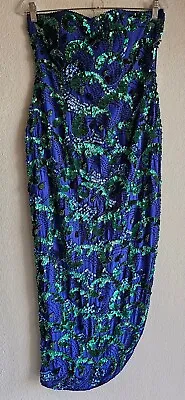 Vintage Sho Max Originals Sequin & Beaded Silk Tube Gown Blue Green Black Large • $69.99